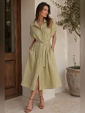 Donnakaran Coastal Grandma Gingham Linen Blend Maxi Shirt Dress Green US 8